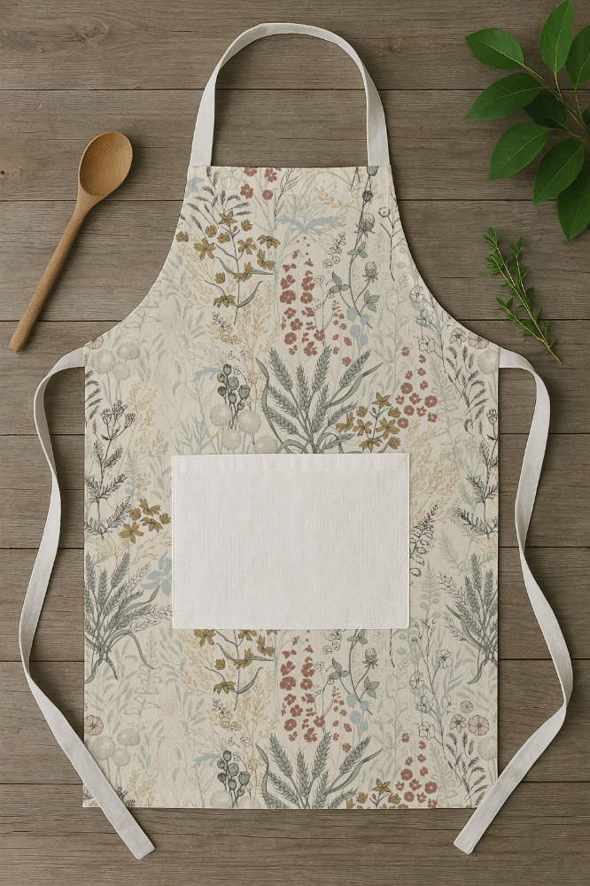 A mockup of an apron laying on a wooden table with a wooden spoon and some herbs. The pattern on the apron is a seamless repeat pattern designed by Martie Erasmus of Creative Faith STudio and is available for licensing.