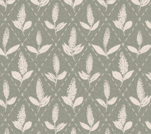 Seamless repeat pattern by Cretive faith Studio with a diamond grid and lavender illustrations. Vector patterns ready for licensing.
