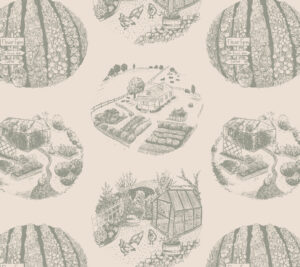 Seamless repeat pattern by Creative Faith Studio with beautifully illustrated imagery of farmstead themes. Chicken coop, vegetable garden, farm house and flower garden. Olive on a cream background. Vector Patterns ready for licensing.