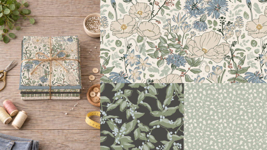 A mockup of a collection of patterns styled in a Fat Quarter Bundle, alongside a hero pattern with poppies and other winter flowers, the coordinating pattern has a charcoal base with reeping berry vines, and the blender pattern has a scattered leaf, chammo feel in olive and cream.