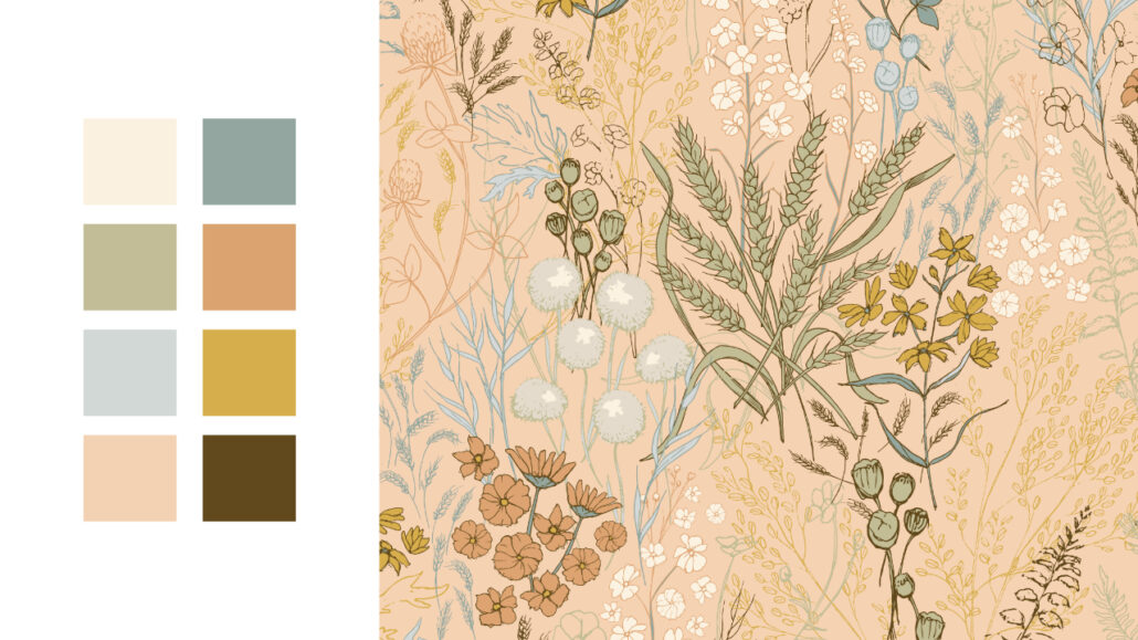 Eight differnet colour blocks from cream to light olive, salmon, yellow, blue and brown showcasing the limited colour palette that the pattern on the right-hand side is made up. This pattern is called Daria showasing Wheat stalks and wildflowers with a salmon pink background. This patern is available as wallpaper on Loomwell.com.