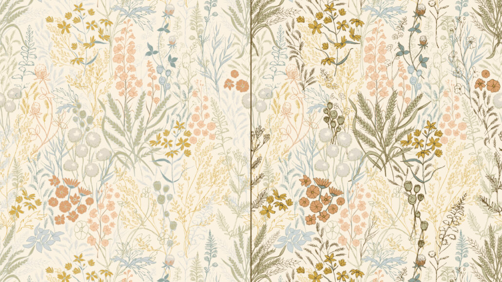 The Daria pattern by Creative Faith Studio (available on Loomwell.com as wallpaper) is shown in a low contrast and high contrast variation to show the importance of choosing colours that are varied in tonal difference for your pattern collection.