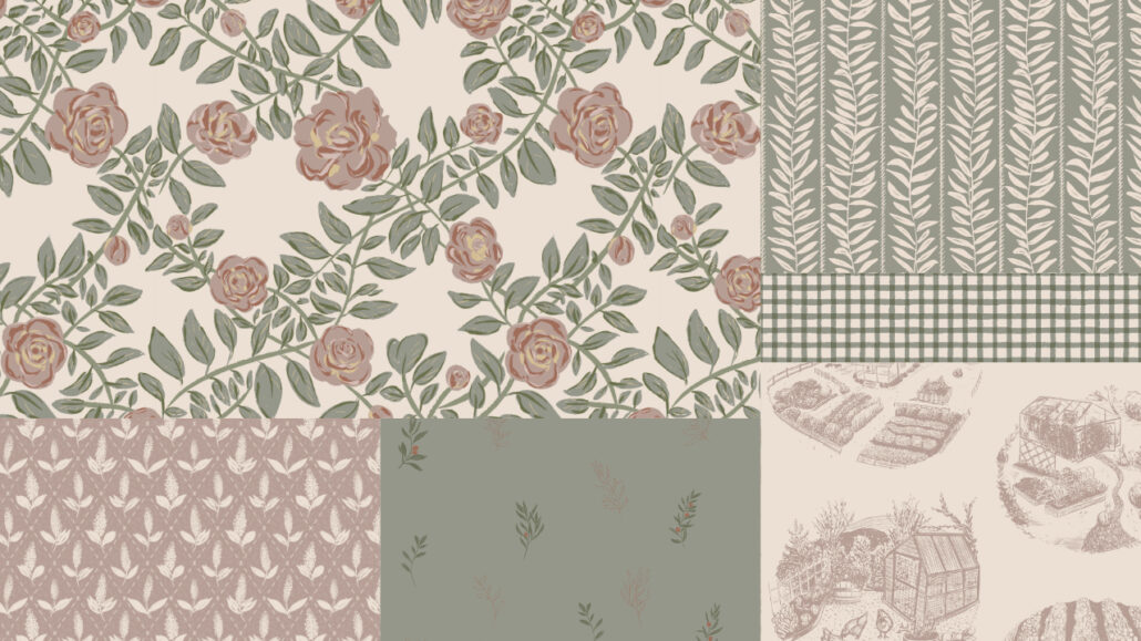A Colletion of seamless repeat patterns by Martie Erasmus for Creative Faith STudio called Heritage Homestead featuring a Rose trellis pattern as hero, with some botanical hand-drawn patterns as supporting. All in muted colours of olive, rose and cream.